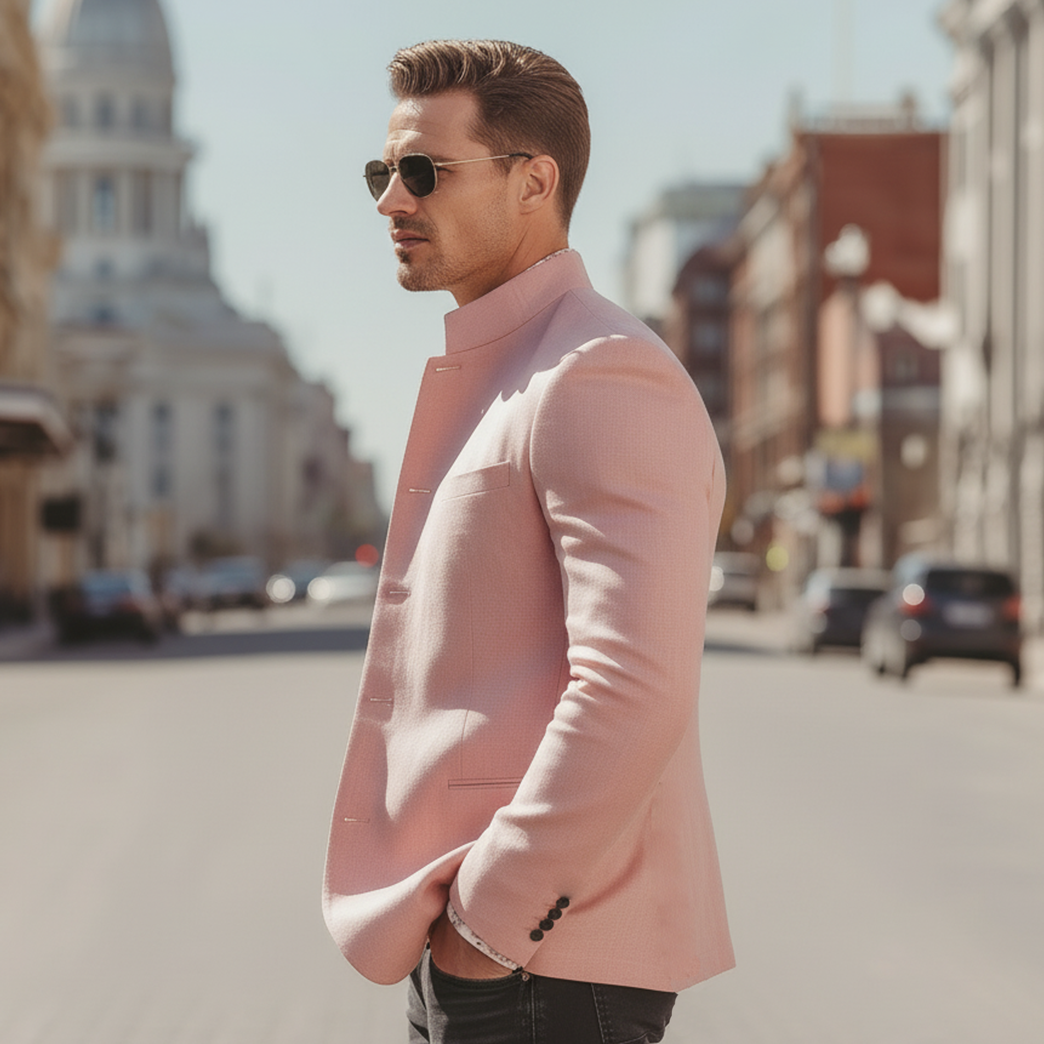 Men's Classic Casual Pink Stand-collar Cotton And Linen Jacket MTA2476L3K