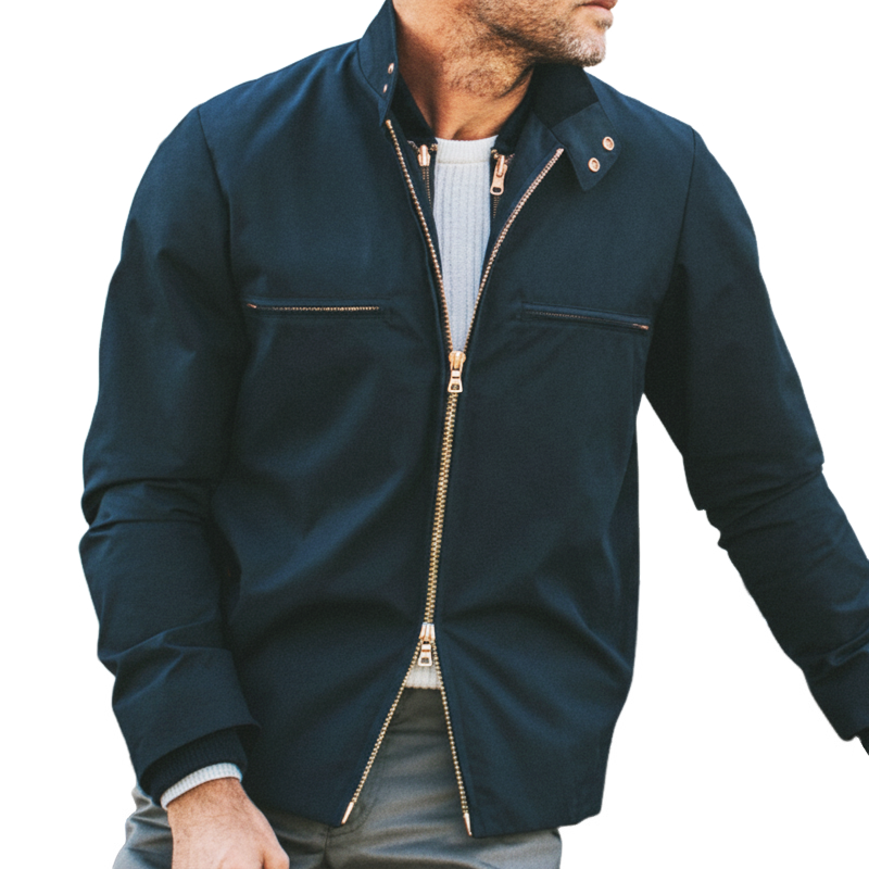 Men's Business Casual Navy Blue Snap-button Collar Zip-up Jacket MTA2675L4U