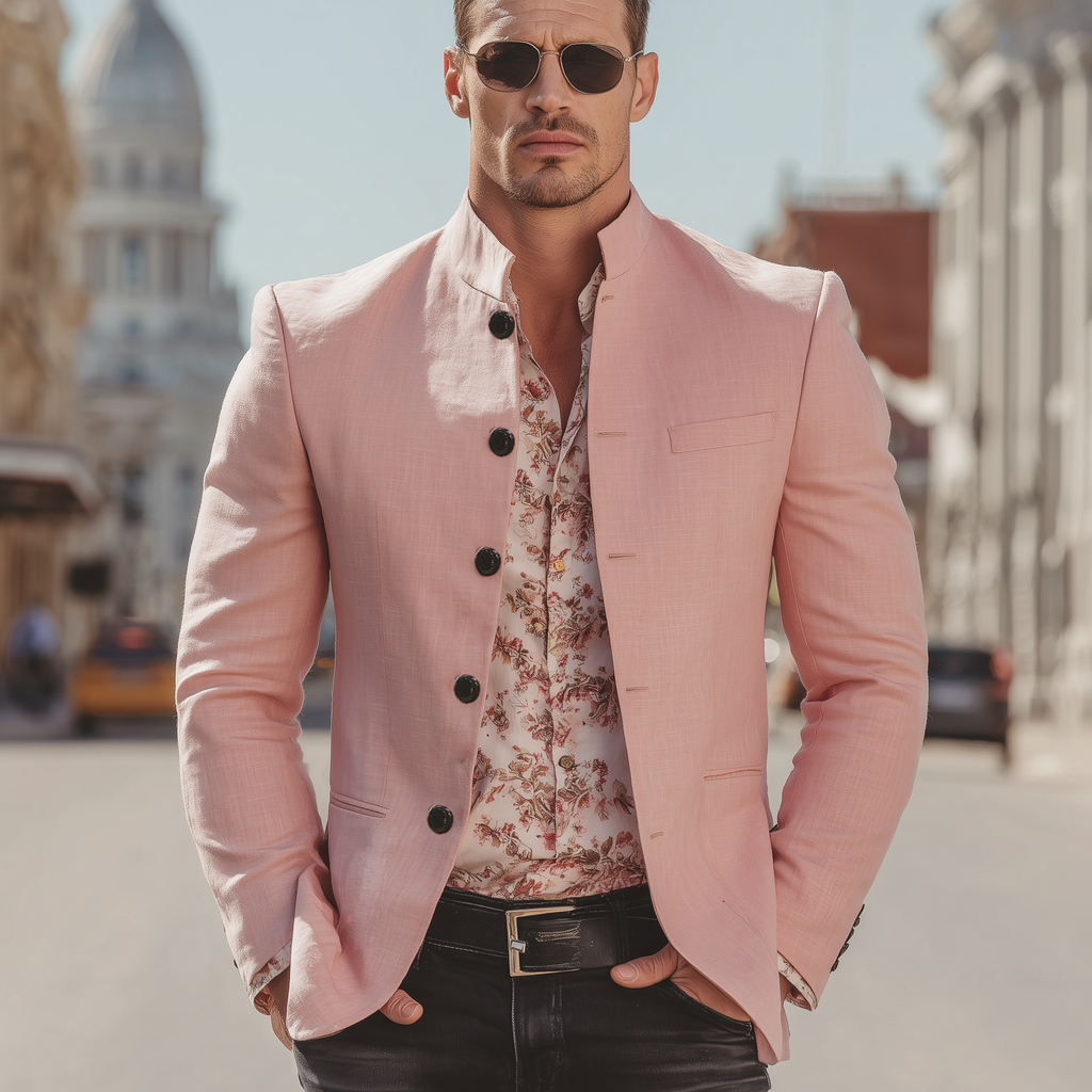 Men's Classic Casual Pink Stand-collar Cotton And Linen Jacket MTA2476L3K