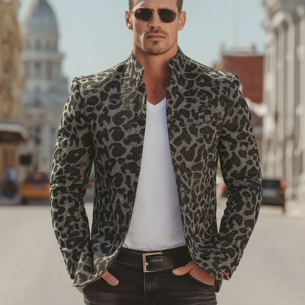 Men's Classic Vintage Tough-guy Style Denim Jacquard Leopard Print Stand-collar Jacket MTA2602L6K