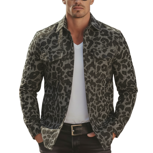 Men's Classic Vintage Tough-guy Style Denim Jacquard Leopard Print Long-sleeved Shirt MTA2667L8K