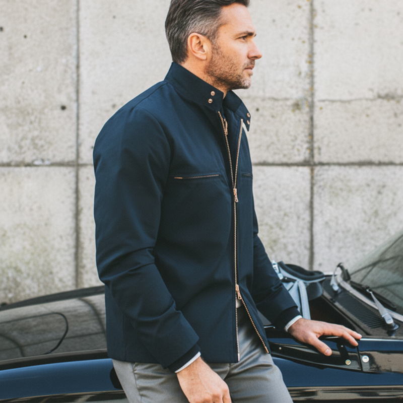 Men's Business Casual Navy Blue Snap-button Collar Zip-up Jacket MTA2675L4U