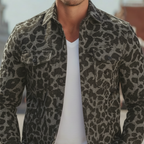 Men's Classic Vintage Tough-guy Style Denim Jacquard Leopard Print Long-sleeved Shirt MTA2667L8K