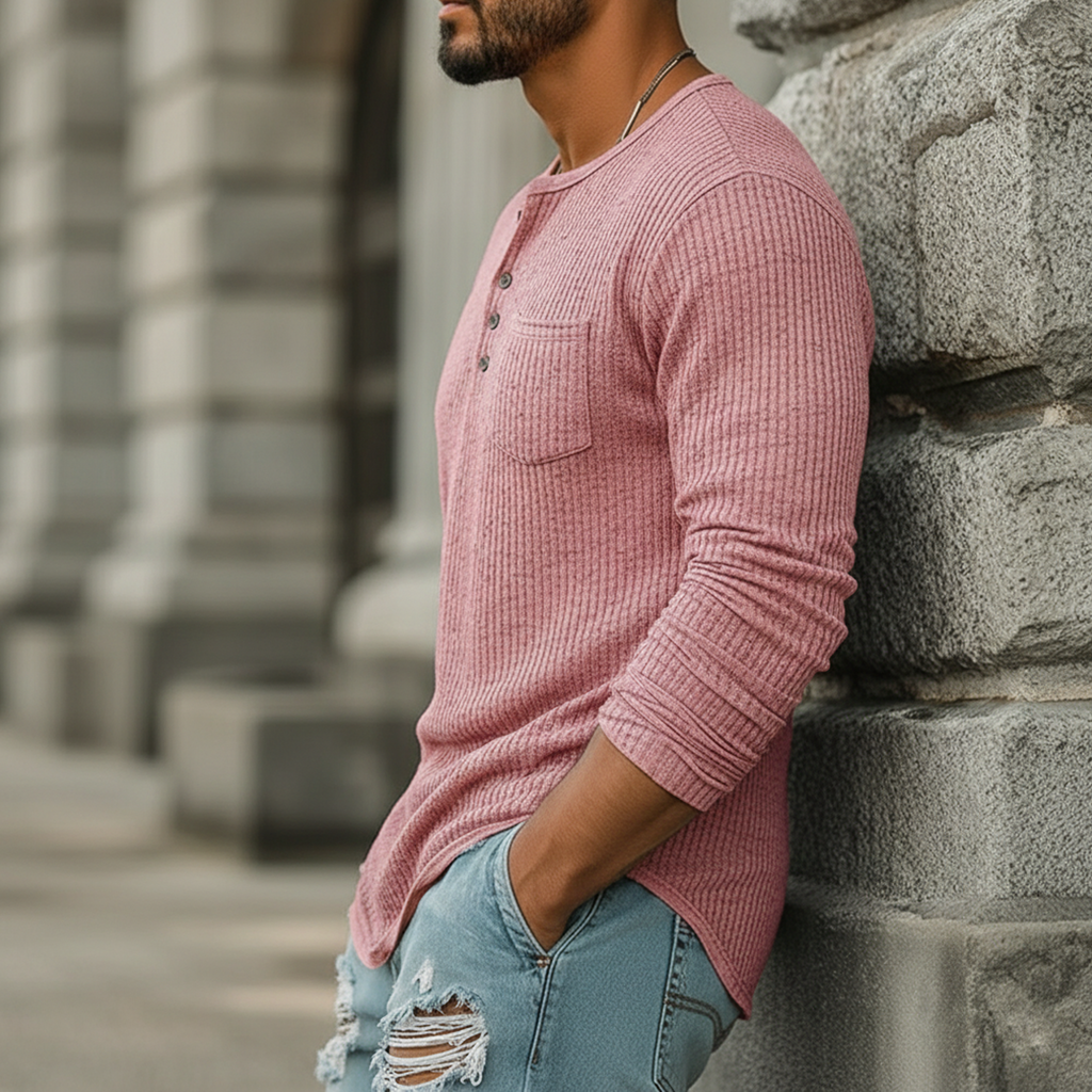 Men's Classic Casual Ribbed Henley Neck Long-sleeved T-shirt MTA2411L1K