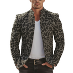 Men's Classic Vintage Tough-guy Style Denim Jacquard Leopard Print Stand-collar Jacket MTA2602L6K