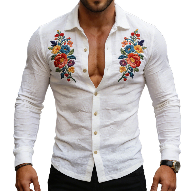 Men's Retro Casual Embroidered Cotton Lapel Long-Sleeve Shirt MTA2378L5TO