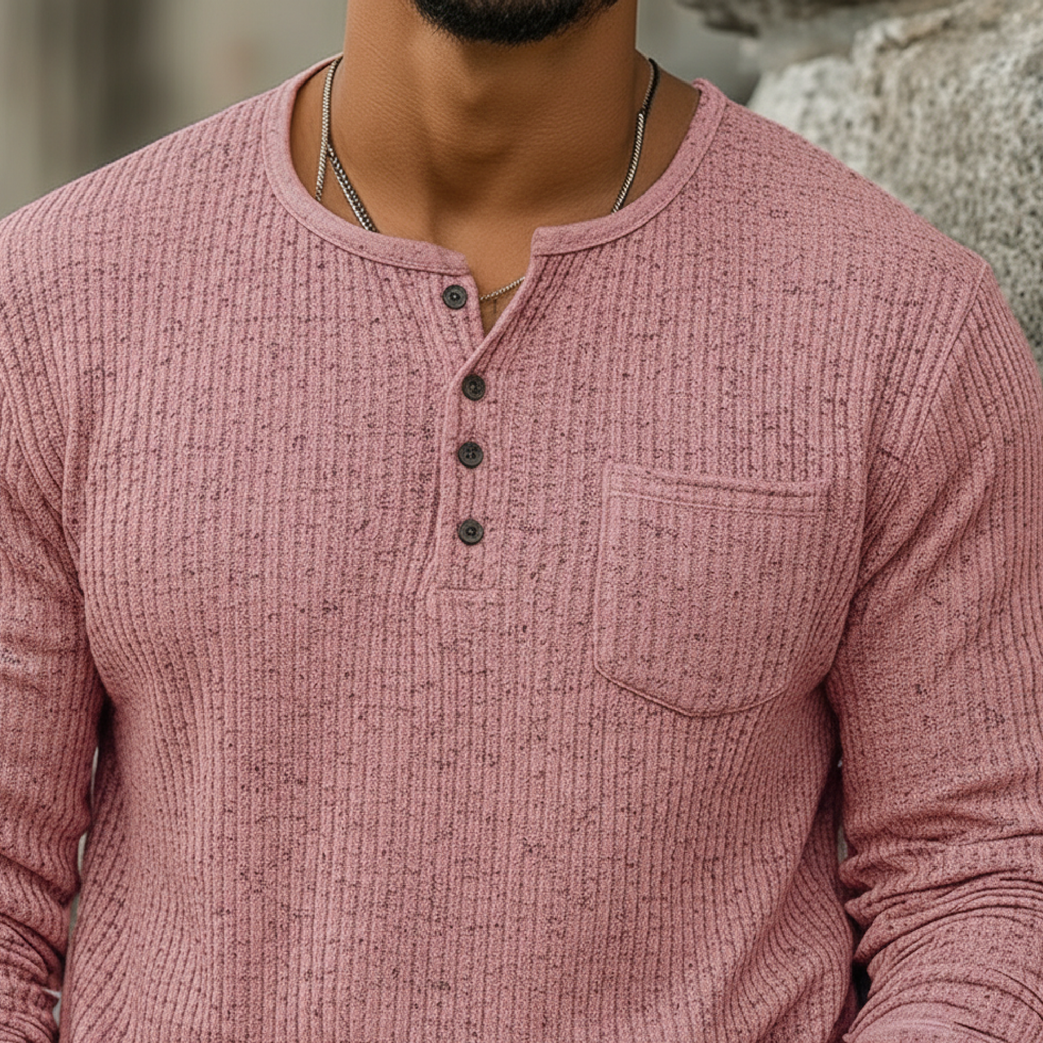 Men's Classic Casual Ribbed Henley Neck Long-sleeved T-shirt MTA2411L1K