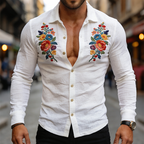 Men's Retro Casual Embroidered Cotton Lapel Long-Sleeve Shirt MTA2378L5TO