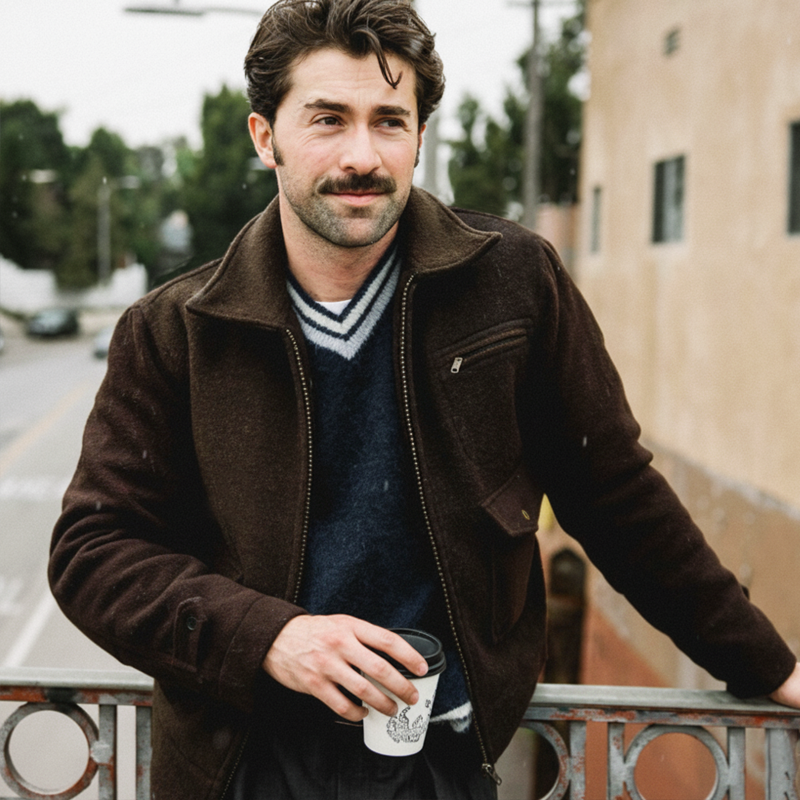 Men's Business Classic Dark Brown Faux Wool Zip-Up Jacket MTA2564L0U