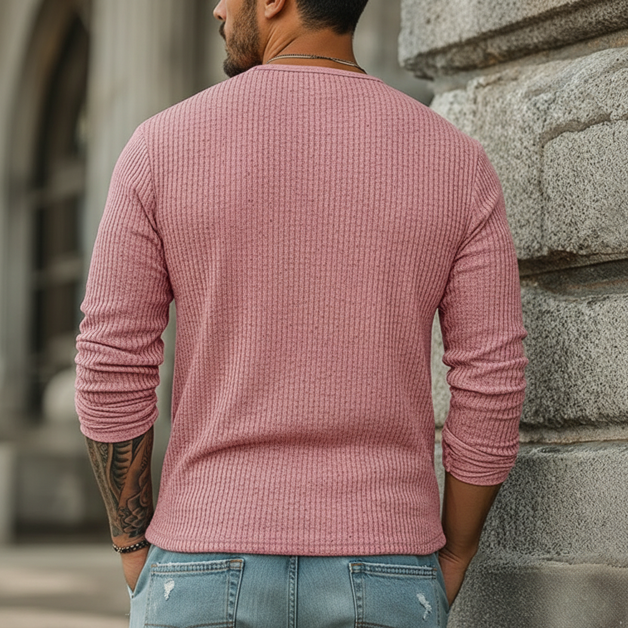 Men's Classic Casual Ribbed Henley Neck Long-sleeved T-shirt MTA2411L1K