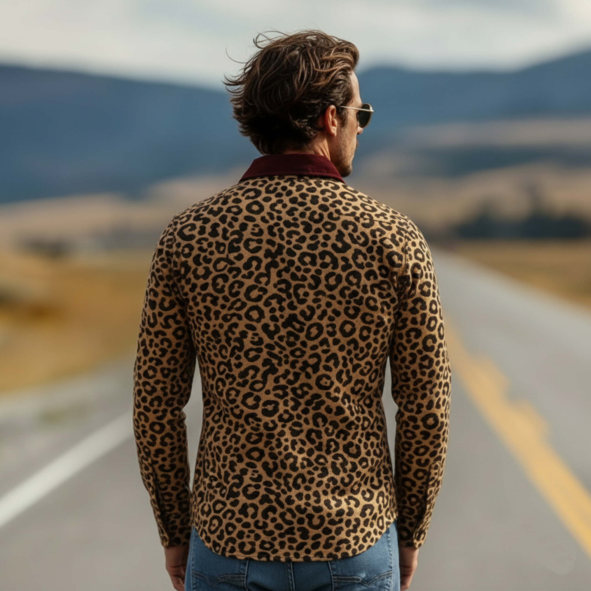 Men's Classic Vintage Corduroy Collar Slim-fit Leopard Print Suede Long-sleeved Shirt MTA2657L0K